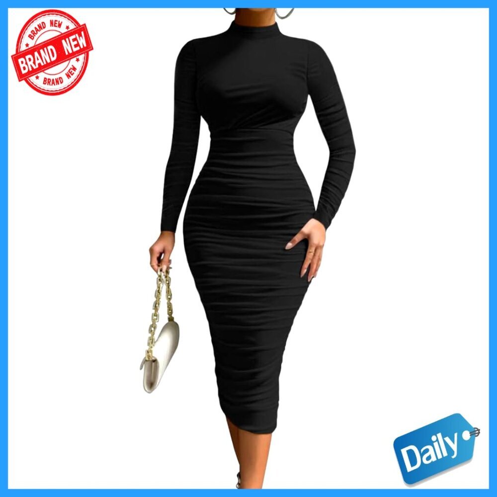 Long Sleeve Mock Neck Mesh Ruched Bodycon Midi Dress Cocktail Party Elegant